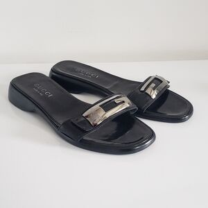 Gucci Women's Black Tom Ford Era Slide Sandals - Patent Leather & Silver